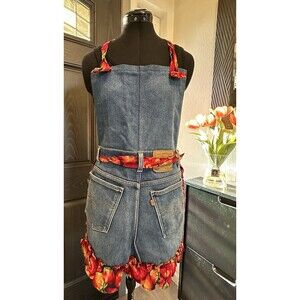 Handmade Apron Levi Blue Jean Denim Pockets Floral Ruffle Trim  Upcycled